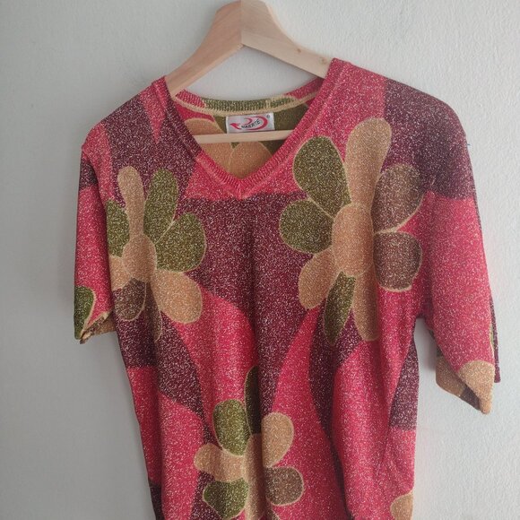 Vintage 90s Maierte Metallic Floral Top M Psychedelic Baby Tee Y2K - Picture 5 of 9